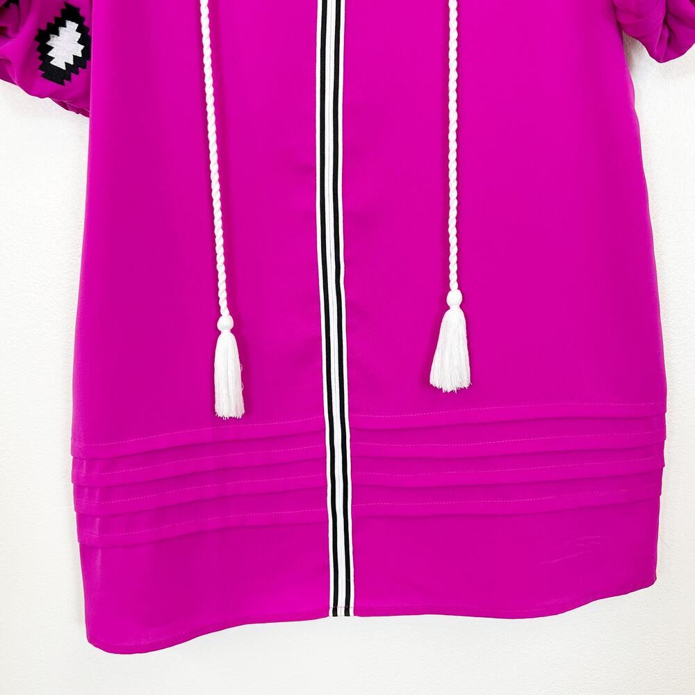 TCEC Fuchsia Pink Balloon Sleeve Dress With Front Tie Tassels Women's Large - Picture 4 of 10